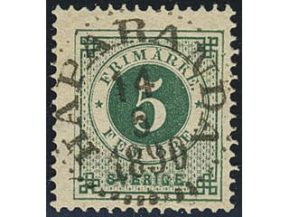 Sweden. Facit 43e used , 5 öre emerald green. EXCELLENT cancellation HAPARANDA 14.5.1890.