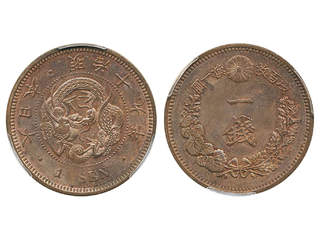 Coins, Japan. Mutsuhito (1867-1912), KM Y-17, 1 sen 1886 (Meiji 19). Graded by PCGS as …