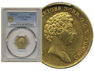 Coins, Sweden. Karl XIV Johan, SM 34, 1 dukat 1839. Single finest graded by PCGS as …