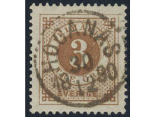 Sweden. Facit 41b used, 3 öre orange-brown. EXCELLENT cancellation HÖGANÄS 30.12.1890.