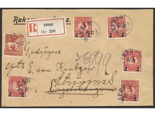 Sweden. Facit 99, 141A cover , 5×7/10 + 5 öre, nice combination, on registered cover …