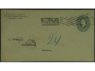 Sweden. Incoming stamped mail. USA. Insufficiently prepaid stamped envelope 2 c sent …