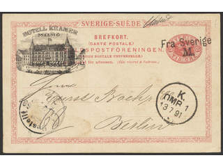 Sweden. Facit bKe13. DENMARK. Postcard 10 öre with hotel vignette sent to Germany. …