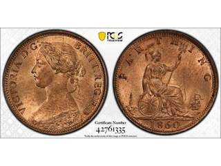 Storbritannien Queen Victoria (1837-1901) 1 farthing 1860, UNC, full röd lyster, PCGS MS64 RD