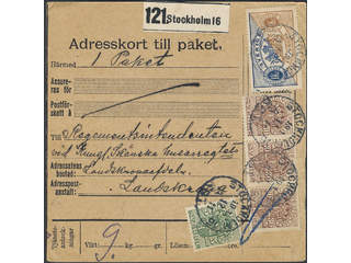 Sweden. Official Facit Tj24B, 36, 44 , 5+3x30 öre + 1 kr on address card for parcel sent …