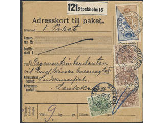 Sweden. Official Facit Tj24B, 36, 44 , 5+3x30 öre + 1 kr on address card for parcel sent …