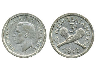 Coins, New Zealand. George VI (1936-1952), KM 7, 3 pence 1942. With dot. XF.