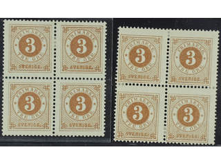 Sweden. Facit 41 ★ , 3 öre brown in two blocks of four. SEK 960