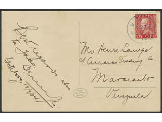 Sweden. Facit 177A on cover, 15 öre on postcard sent from PKP 61 19.9.34 to Maracaibo, …