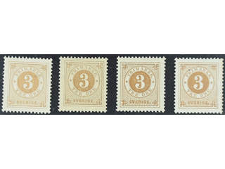 Sweden. Facit 41 ★★/★ , 3 öre brown in four fresh copies of which three mnh. SEK 1170