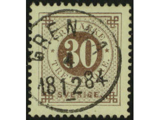 Sweden. Facit 35i used , 30 öre brown on calendered paper. Superb cancellation GRENNA …
