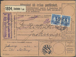 Sweden. Facit 85 on cover, 2×20 öre on address card for cash on delivery parcel sent …