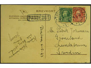 Sweden. USA. Swedish cancellations GÖTEBORG 6.5.27 and PAQUEBOT on postcard ("Ångaren …