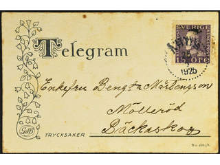 Sweden. Facit 175A cover , 15 ör öre on telegram cover sent from ÅHUS 25.5.1925 to …