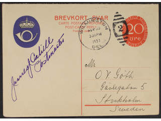 Sweden. Postal stationery, double postcard Facit bKd27 , Reply part 20 öre sent from …