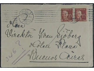 Sweden. Facit 150 cover , 2x15 öre on cover sent from NORRKÖPING 3.1.23 to Argentina.