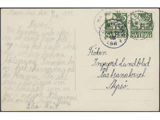 Sweden. Facit 238 cover , 2x5 öre in pair on postcard sent from MARIESTAD 9.12.33 to …