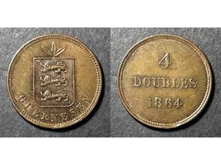 Guernsey Queen Victoria (1837-1901) 4 doubles 1864, UNC litet plantsfel från tillverkning