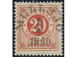 Sweden. Facit 46d used, 20 öre dark orange-red on yellowish paper. EXCELLENT …