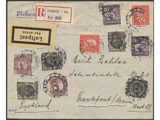 Sweden. Air mail cover Facit 71, 81, etc. , 4x1+2x8+2x10+2x15 öre på rekommenderat …