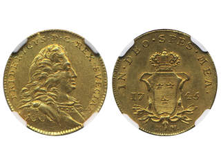 Coins, Sweden. Fredrik I, SM 32, 1 dukat 1745. 3.47 g. Stockholm. Graded by NGC as MS61. …