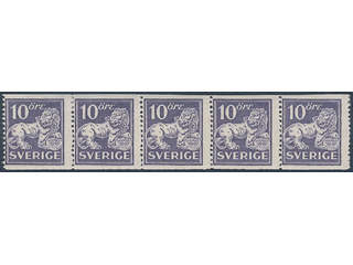 Sweden. Facit 145Ea ★★ , 10 öre ultramarinish violet, type I, perf 13, in strip of five. …
