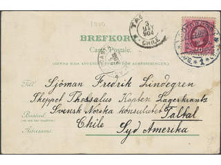 Sweden. Facit 54 cover , 10 öre on postcard sent from GÖTEBORG 21.III.04 to Chile. …