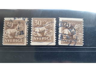 Sweden. Facit 148Acxz used , 30 öre brown vertical perf 9¾ with wmk lines + KPV, three …