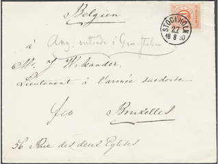 Sweden. Facit 33b cover , 20 öre orange-red on cover to Belgium, cancelled STOCKHOLM …