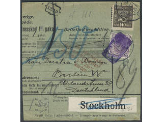 Sweden. Facit 74, 173 cover , 4+140 öre on address card for parcel sent from STOCKHOLM …