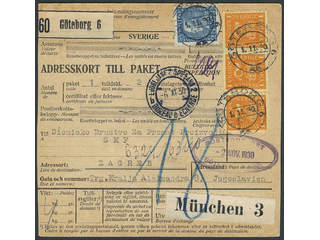 Sweden. Facit 168, 183 cover , 25 öre + 3×1 kr on address card for parcel sent from …