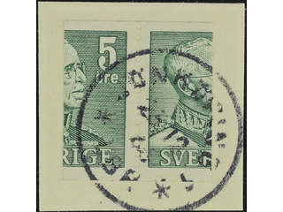 Sweden. Facit 271A on piece , 1939 Gustaf V large numerals 5 öre green, heavily mis-cut …