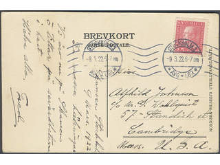 Sweden. Facit 182 cover , 25 öre on postcard sent from STOCKHOLM 1 9.3.22 to USA. Scarce …