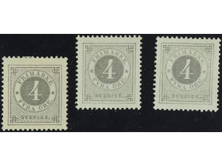 Sweden. Facit 42 ★ , 4 öre grey. Three beautiful copies, of which one with EXCELLENT …