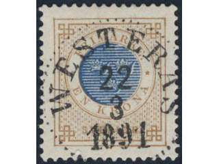 Sweden. Facit 49a used, 1 Krona orange-brown/blue. Superb cancellation WESTERÅS 22.3.1891.