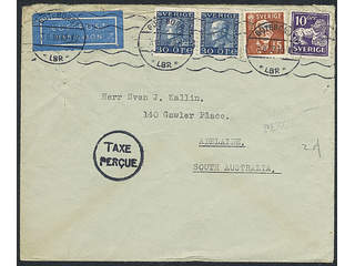 Sweden. Air mail cover Facit 146C, 185, 267C , 10+15+2x30 öre on insufficiently prepaid …
