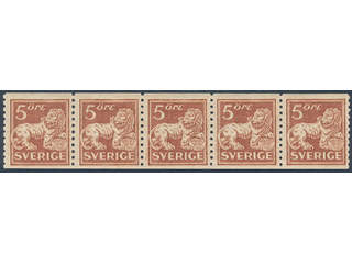 Sweden. Facit 142Aa ★★ , 5 öre brown-red, type II in very fine strip of five.