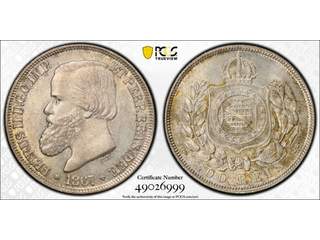 Brasilien Pedro II (1831-1889) 200 reis 1867, AU/UNC. PCGS MS63