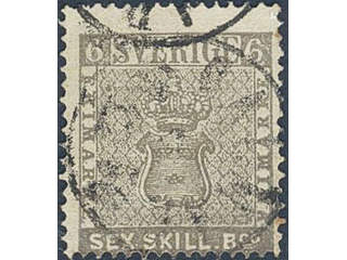 Sweden. Facit 3 used , 6 skill grey. Cancelled CALMAR 3.12.1856. Thin spots. SEK 12000