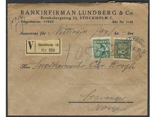 Sweden. Facit 159, 143A cover , 5+40 öre on insured cover sent from STOCKHOLM 16 25.8.30 …