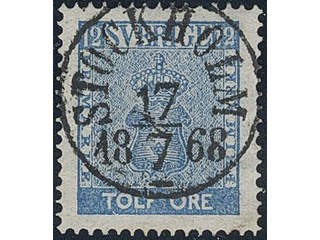 Sweden. Facit 9d2 used , 12 öre light blue. EXCELLENT cancellation STOCKHOLM 17.7.1868. …