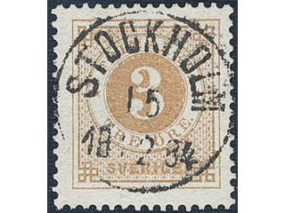 Sweden. Facit 28d used , 3 öre yellow-brown. EXCELLENT cancellation STOCKHOLM 15.12.1884.