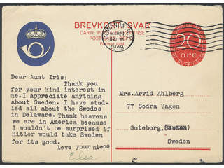 Sweden. Postal stationery, double postcard Facit bKd27 , Reply part 20 öre sent from …