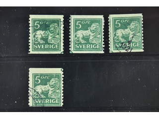 Sweden. Facit 140A vT used , 5 öre in four used copies with plate join number 0 in three …