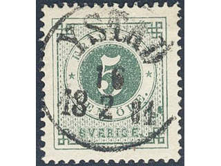 Sweden. Facit 30h used , 5 öre bluish dark-green on soft paper. EXCELLENT cancellation …