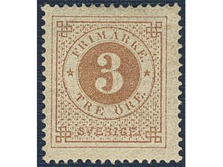 Sweden. Facit 17b ★, 3 öre yellow-brown on smooth paper. Fresh and beautiful copy.