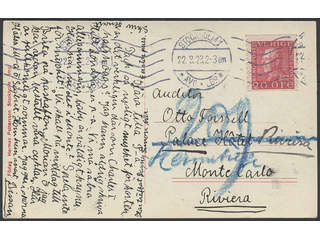Sweden. Facit 180 cover , 20 öre on postcard sent from STOCKHOLM 22.3.23 to Monaco. …