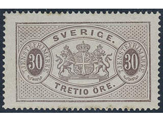 Sweden. Official Facit Tj8a ★, 30 öre deep brown, perf 14, blue-greyish paper. Opinion …