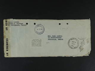 Sweden. Crash-postCensored cover (hole-punched) sent from USA to Stockholm. Label …