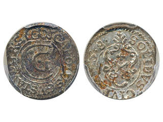 Coins, Swedish possessions, Riga. Karl X Gustav, SB 82, 1 solidus 1658. Graded by PCGS …